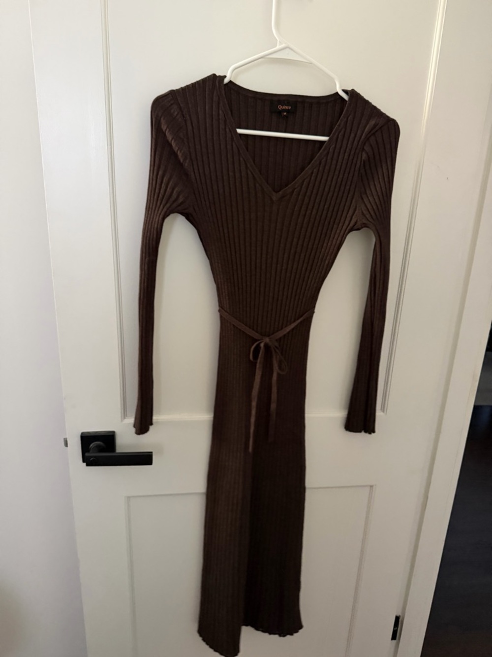 Quince Brown Ribbed V-Neck Long Sleeve Tie-Waist Dress